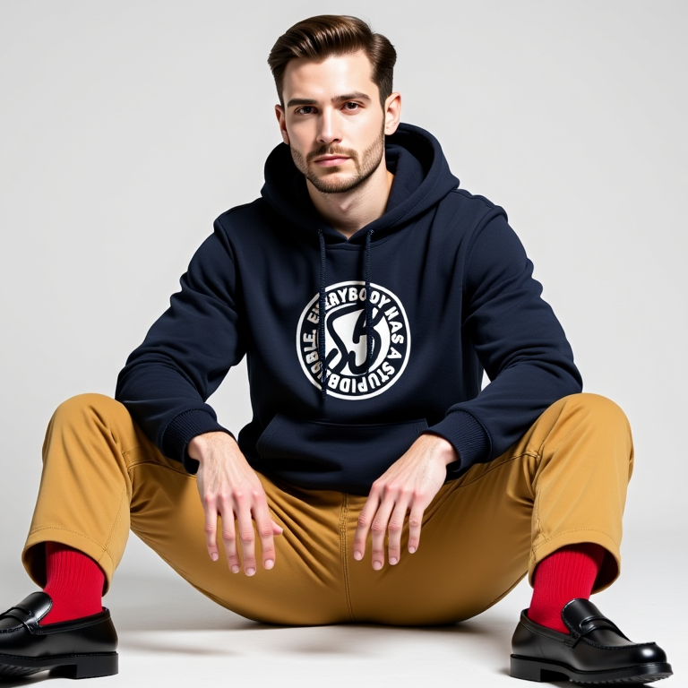 Man wearing a navy hoodie with a logo, tan pants, and black shoes on a gray background