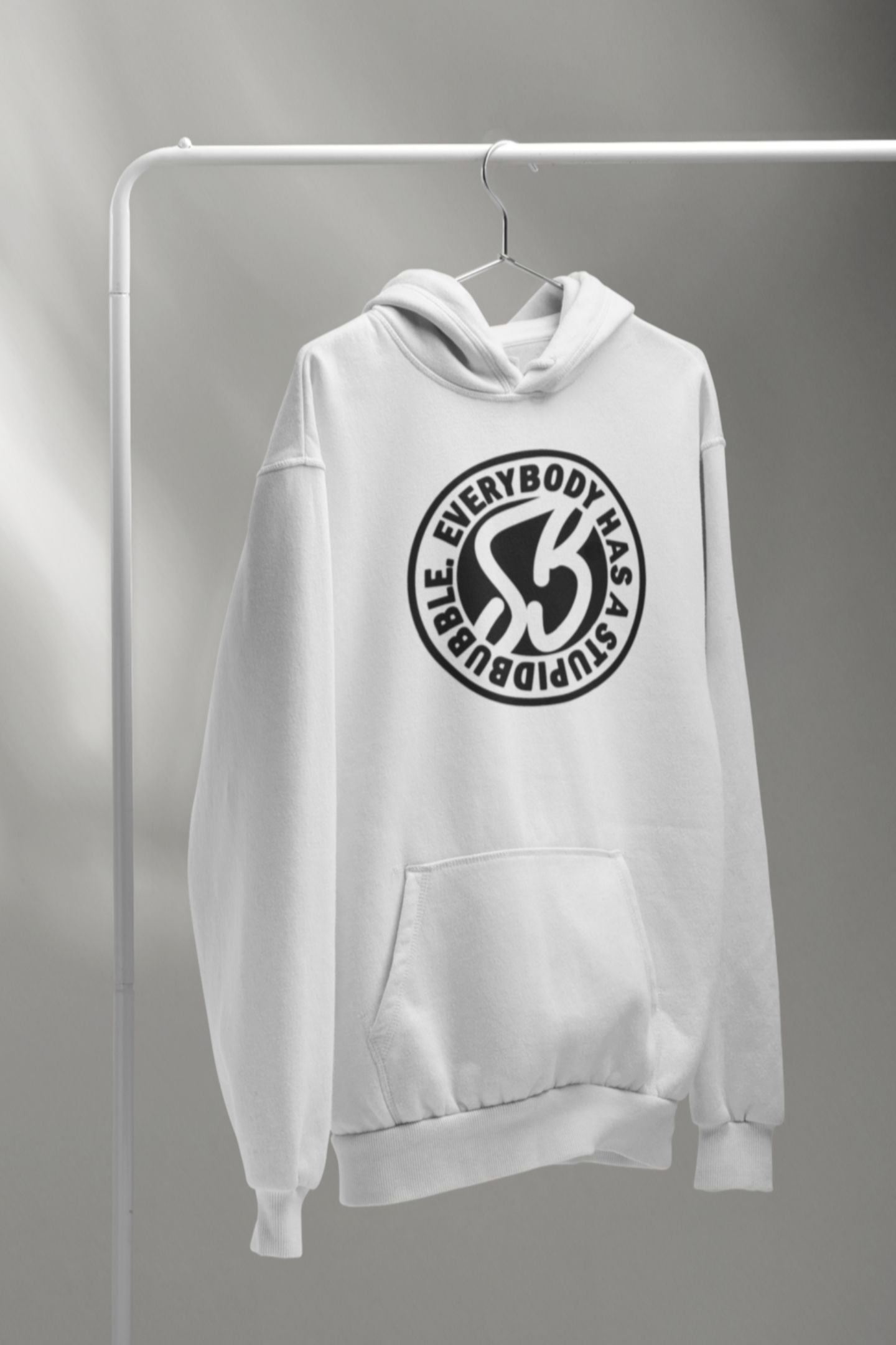 White Stupidbubble® hoodie with a black logo on a gray background