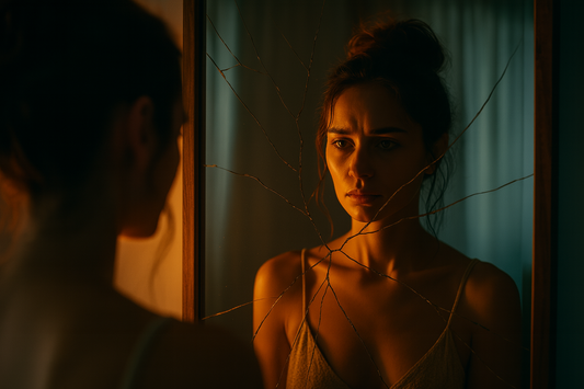 A woman stands before a cracked mirror glowing with golden light, symbolizing truth breaking through denial—cinematic and introspective mood.