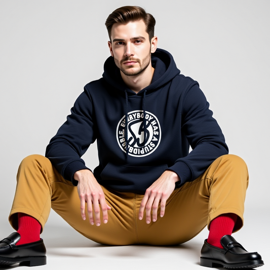 Man wearing a navy hoodie with a logo, tan pants, and black shoes on a gray background