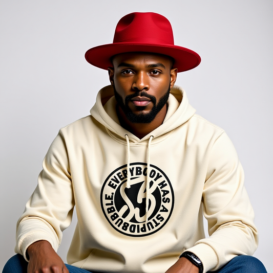 Man wearing an ecru Stupidbubble® hoodie with a logo and text, sitting against a plain background