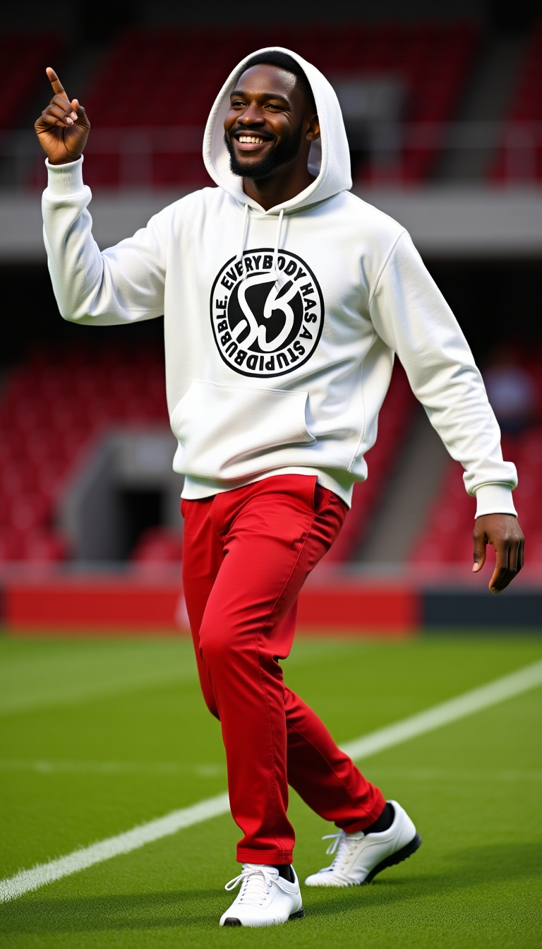 Person wearing a white hoodie with a logo and red pants on a sports field